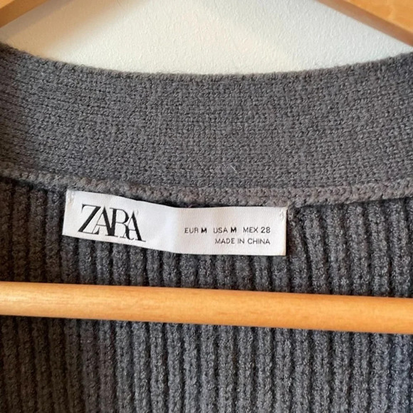 Zara Purl Knit  Open Front Ribbed Knit Cardigan Sweater Grey Size Medium - Picture 7 of 9